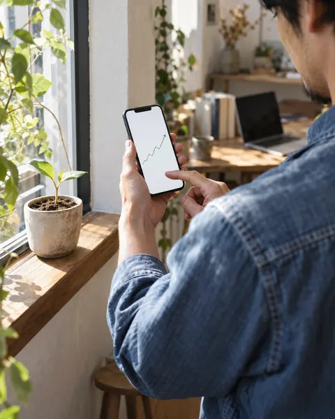 窓辺で、スマートフォンに映る右肩上がりのグラフを確かめる様子