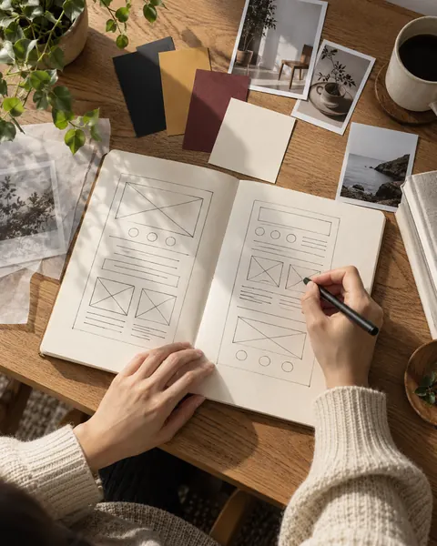 スケッチブックにページの組み立てを手で描き、色見本と写真を並べて方向を決める様子